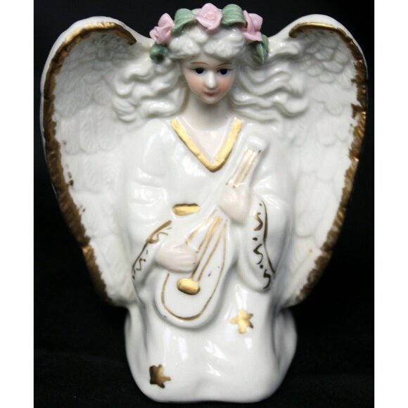 Vtg 80s White Porcelain Ceramic Angel Candle Holder Gold Trim Playing Instrument - Picture 1 of 8
